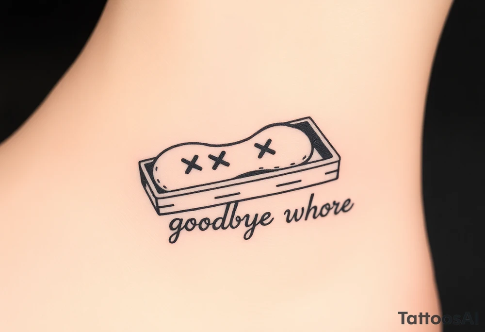 A peanut with x's for eyes laying in an open casket with the words goodbye whore tattoo idea