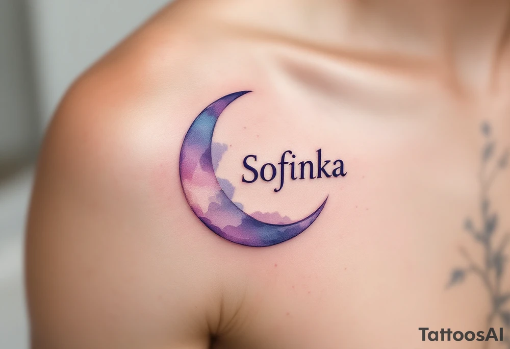 Sofinka name nestled within a crescent moon, shaded in light silver and pastel violet. tattoo idea