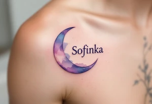 Sofinka name nestled within a crescent moon, shaded in light silver and pastel violet. tattoo idea