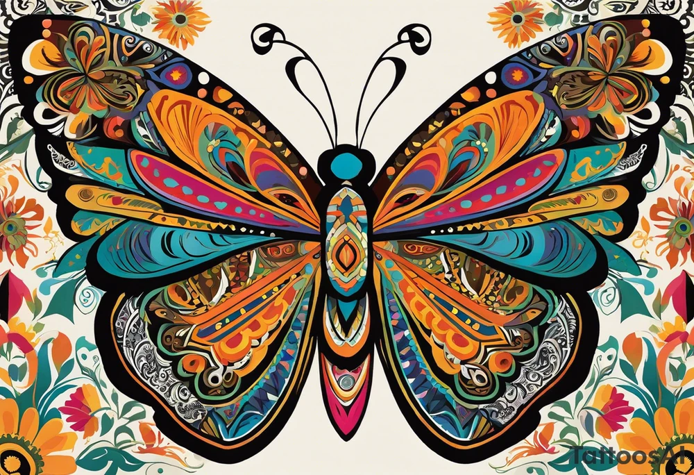 A butterfly with intricate, colorful wings that blend traditional Mexican patterns with natural elements, symbolizing both the essence of your grandparents and the vibrancy of their legacy.

Design Elements:

Butterfly:
The butterfly can be positioned centrally or slightly off-center. Use bold,  often seen in Mexican art,
Incorporate traditional Mexican patterns within the butterfly’s wings, such as geometric shapes, floral motifs, or Aztec designs.
Flowers and Vines:
Surround the butterfly with a mix of Mexican flowers like marigolds (cempasuchil) and roses. Marigolds are often associated with Día de los Muertos and symbolize the connection between the living and the deceased.
Include delicate vines that weave around the flowers and butterfly, adding a sense of continuity and connection. tattoo idea
