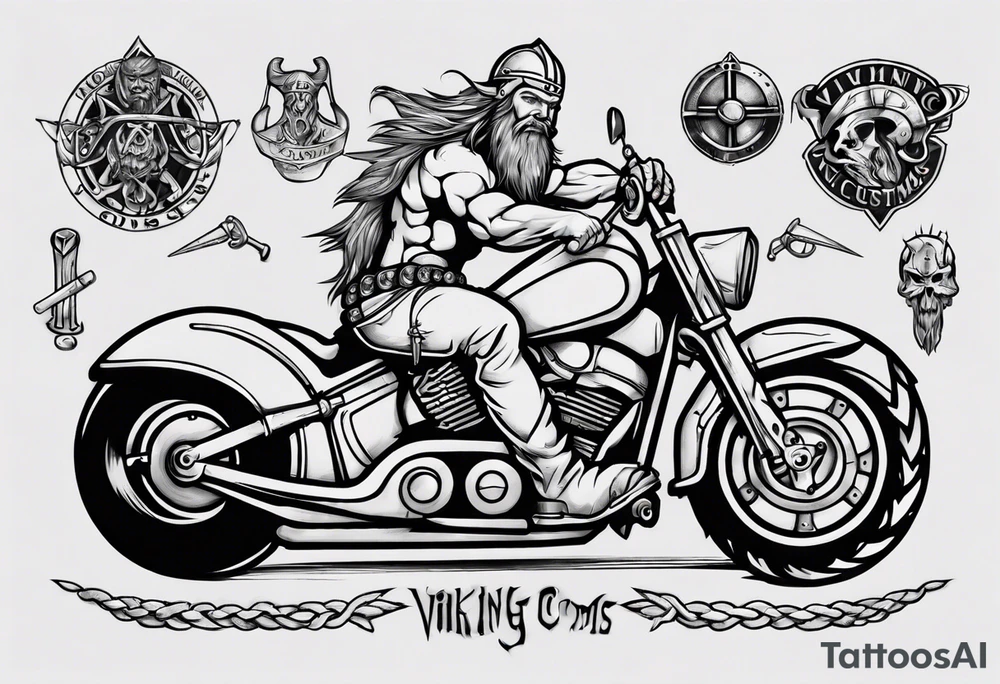 I want a detailed tattoo of a viking working on a motorcycle with the company name “Viking Customs” incorporated in the design tattoo idea