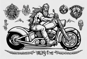 I want a detailed tattoo of a viking working on a motorcycle with the company name “Viking Customs” incorporated in the design tattoo idea