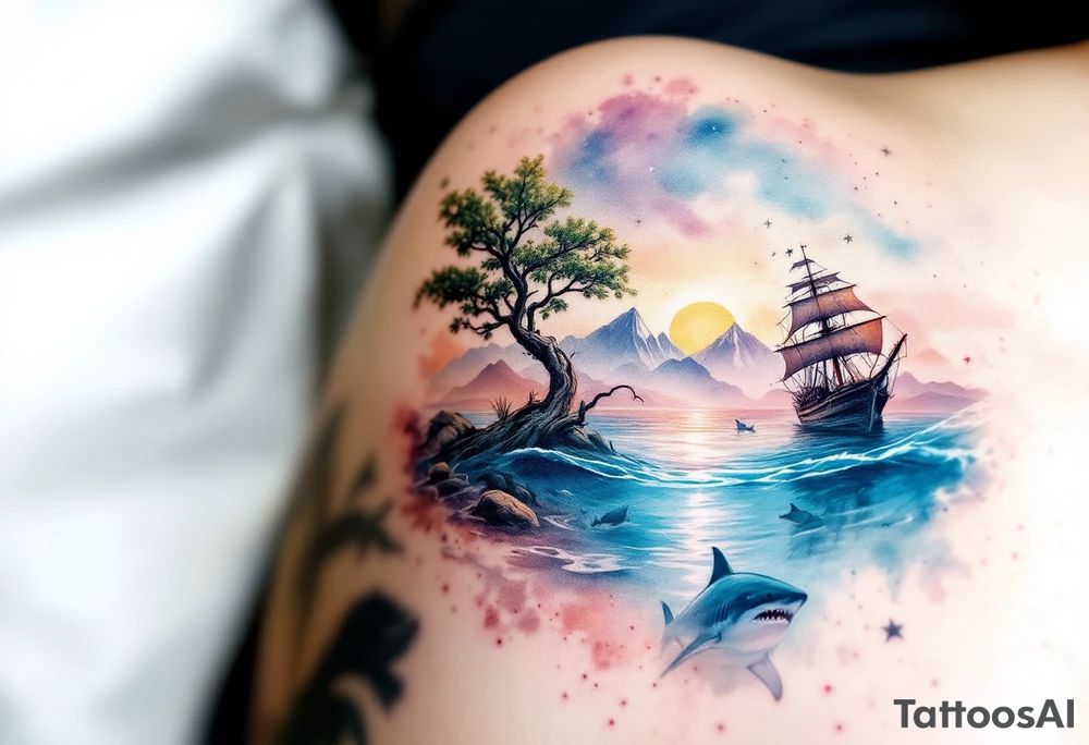 tattoo that has an acacia tree with mountains, ocean with a ship wreck with sharks and the northern star tattoo idea
