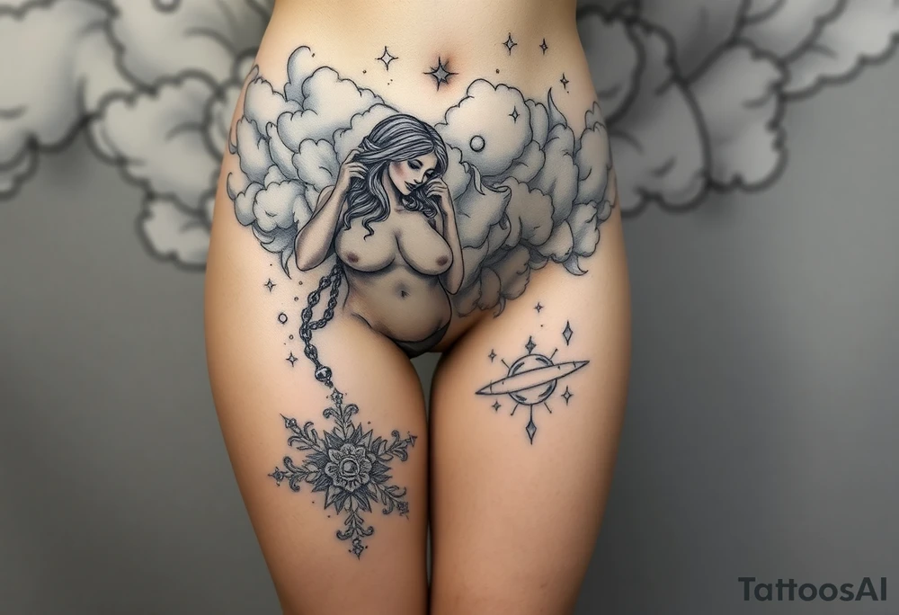Storm clouds with a fat naked woman and drugs and money and mirror and sexy naked couple lustful with tattoo idea