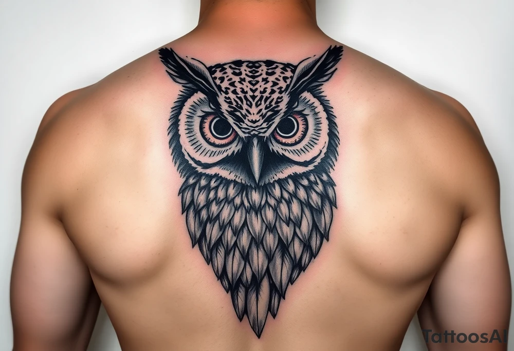 Abstract large colored tripping eye owl with less feathers by chin tattoo idea