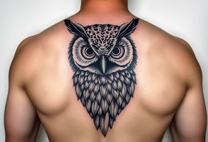 Abstract large colored tripping eye owl with less feathers by chin tattoo idea