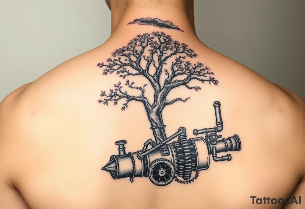 tree growing out of a v shaped engine with lots of pipes, guages and steam around the engine 
 with a smoke stack coming out of the top 
 billowing black smoke as if the tree and engine were a flying machine flying through the air 
 with a steam punk vibe tattoo idea