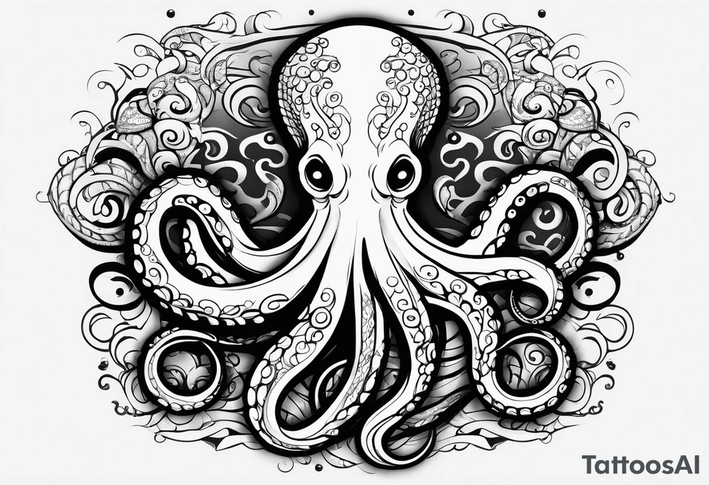Tribal half sleeve. octopus surrounded by ribbons of water waves filled with fish. the octopus has no eyes. Use thick lines only with less detail. tattoo idea