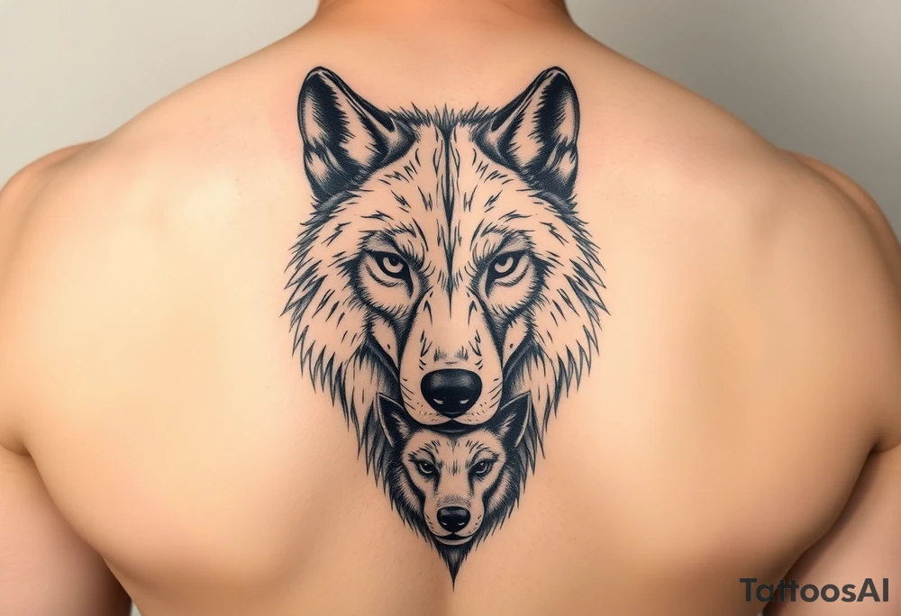 A solitary yet sublime and noble wolf and its progeny. the face tattoo idea