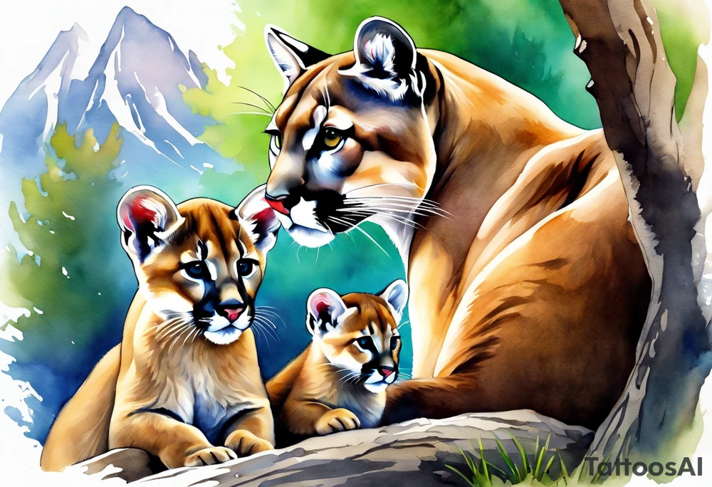 Mother mountain lion with 2 cubs, mother otter with 1 baby and mother flicker bird with one baby tattoo idea