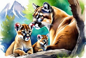 Mother mountain lion with 2 cubs, mother otter with 1 baby and mother flicker bird with one baby tattoo idea