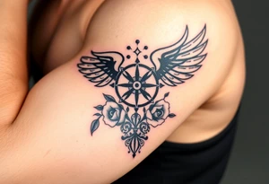 Wing with compass  a clock  with roses tattoo idea