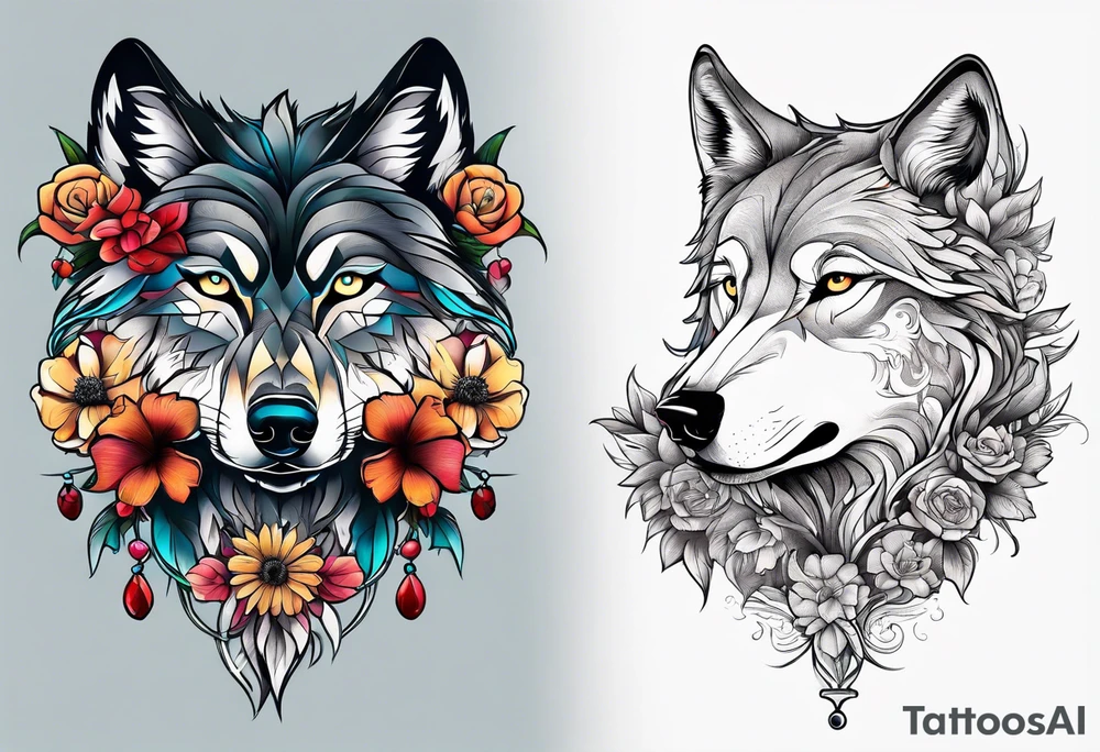 Wolf, flower, cross tattoo idea