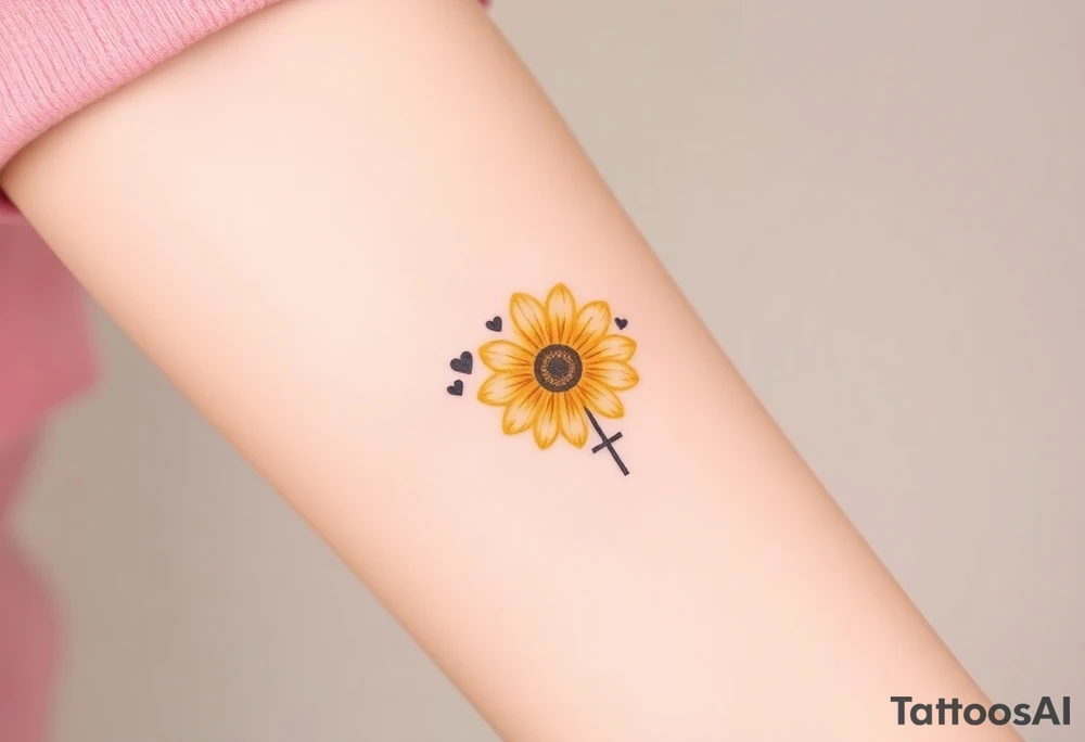 Simple yellow daisy with Purple Hearts & cross tattoo idea