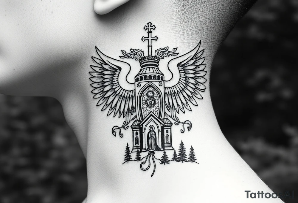 russian coat of arms double headed eagle traditional christian orthodox cross with a virgin mary stood in the entrance of a russian orthodox dome church on the side of the neck in a wilderness setting tattoo idea