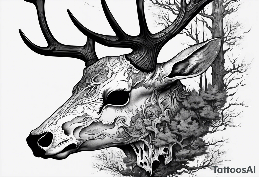 A side view of a decayed deer skull with no skin surrounded by trees and fire tattoo idea