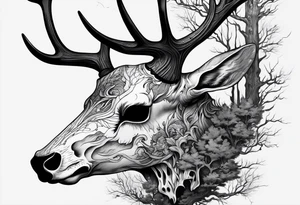A side view of a decayed deer skull with no skin surrounded by trees and fire tattoo idea