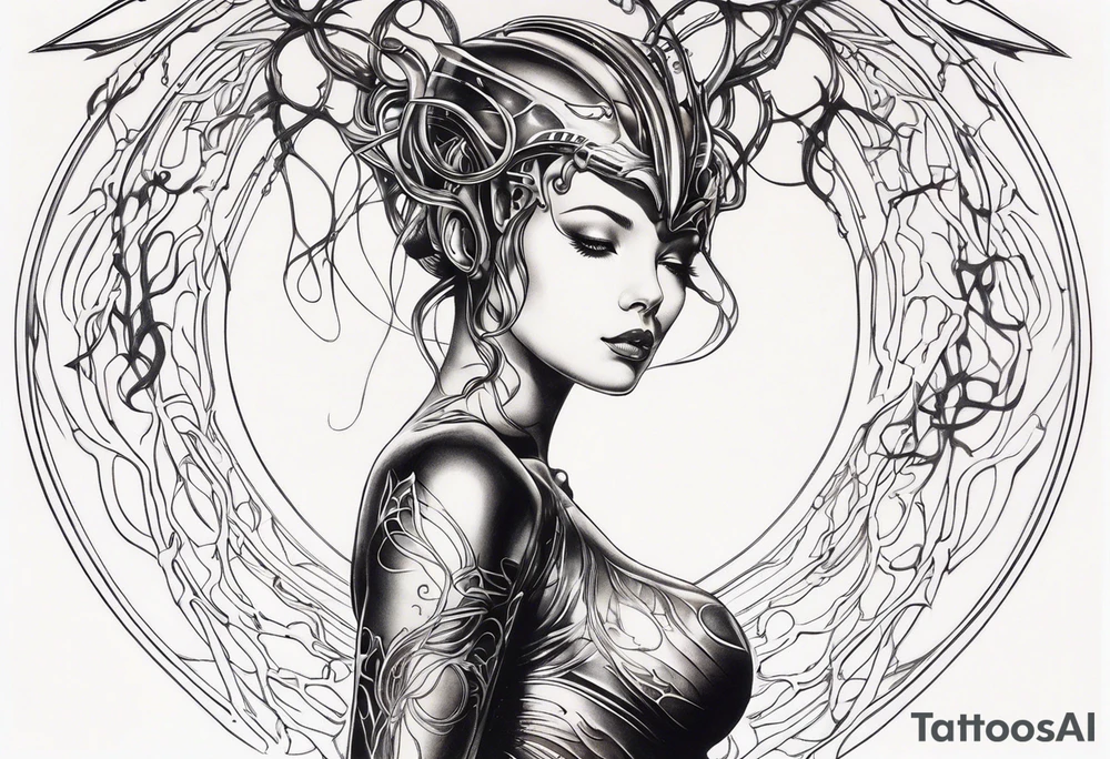 Hajime Sorayama type blended with HR Giger alien woman with vines tattoo idea