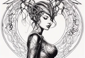 Hajime Sorayama type blended with HR Giger alien woman with vines tattoo idea