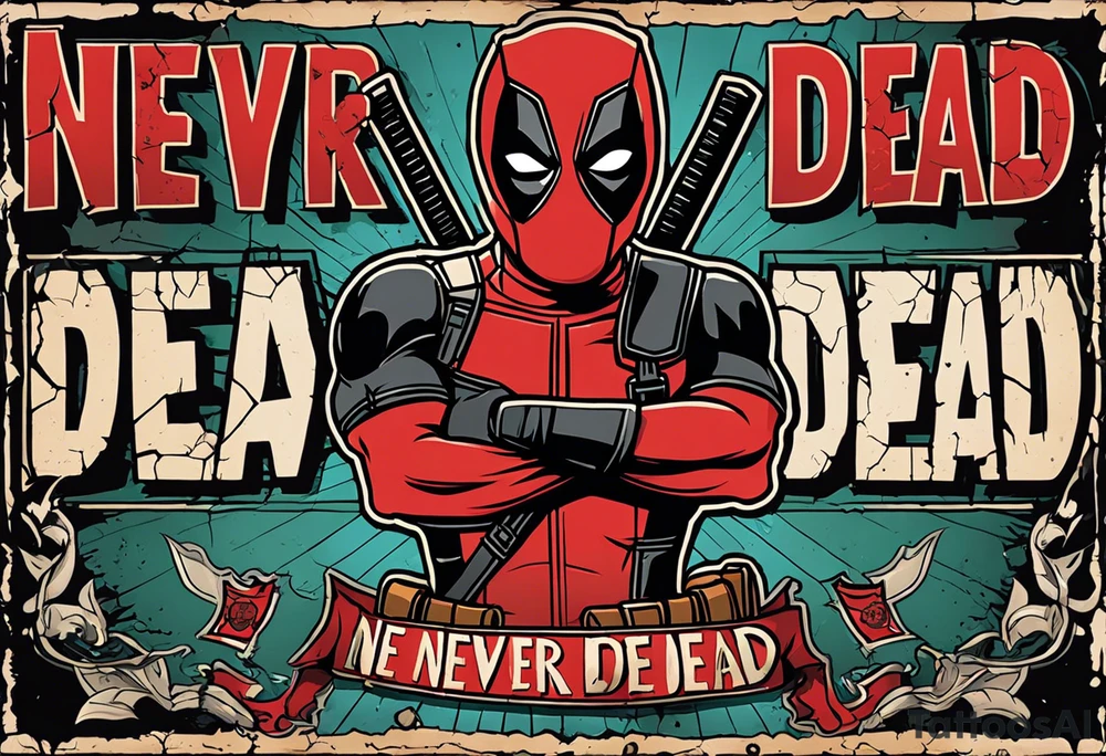 Banner with Text: A worn, dark banner wraps around Deadpool with the phrase "NEVER DEAD" in bold, cracked letters that give a strong and aggressive impression. The banner has small torn details, as if it’s been through rough conditions, with shading that adds depths. tattoo idea