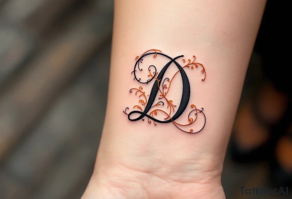Elegant Script D – A flowing cursive letter D in black ink with delicate orange filigree details wrapping around the curves. tattoo idea