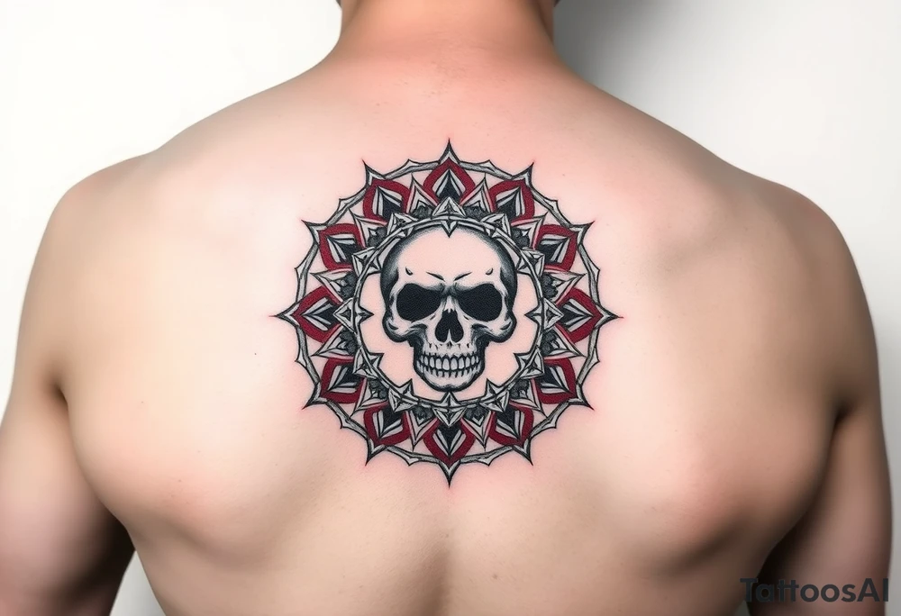 "Pepsi logo deconstructed into a sand mandala. Pixelated skull in center. Black and red ink, sacred geometry style, symmetrical." tattoo idea