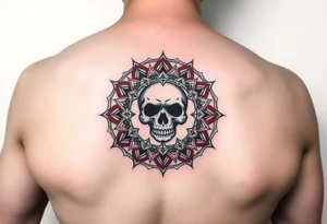 "Pepsi logo deconstructed into a sand mandala. Pixelated skull in center. Black and red ink, sacred geometry style, symmetrical." tattoo idea