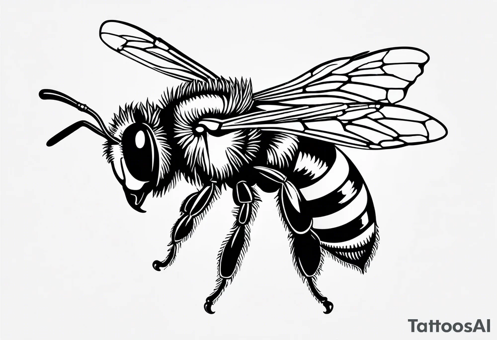 flying bee flying, side view, "10X" text below it, flying bee, bee in flight tattoo idea