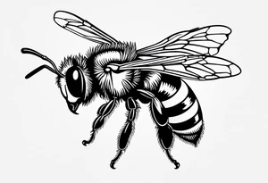 flying bee flying, side view, "10X" text below it, flying bee, bee in flight tattoo idea