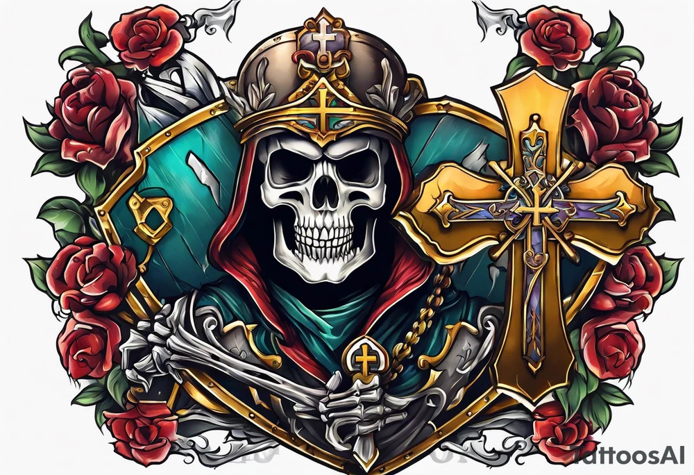 skeleton holding a shield with a cross on it tattoo idea