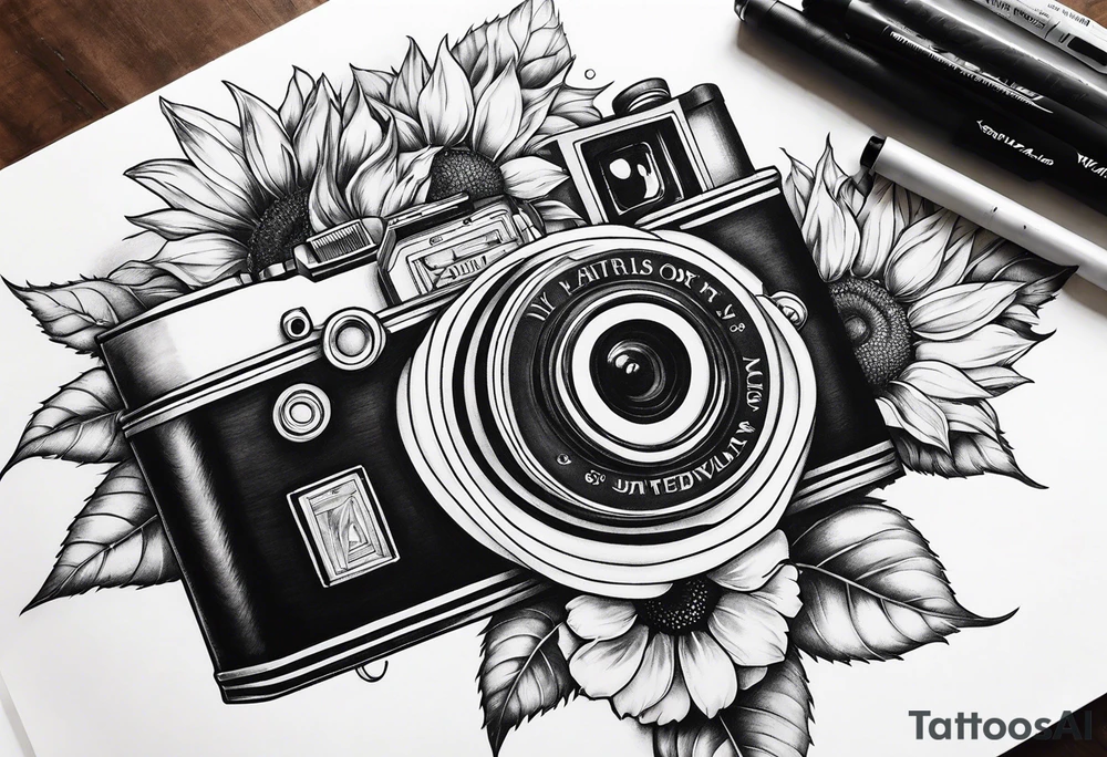 Butterfly, sunflower, camera, book, flower rose tattoo idea