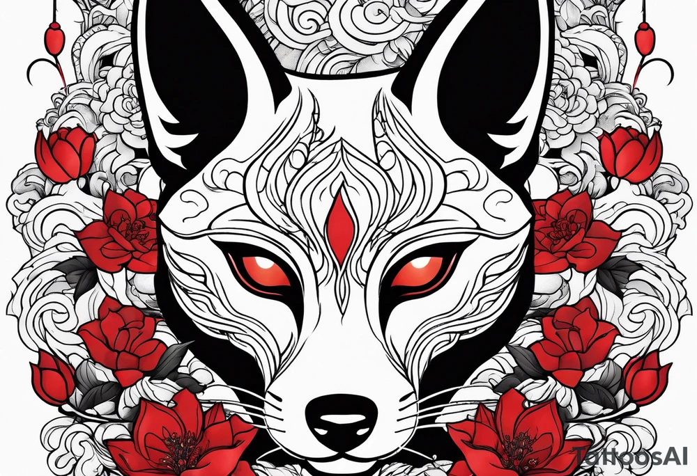 mask , kitsune , red flowers tattoo idea