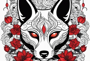 mask , kitsune , red flowers tattoo idea