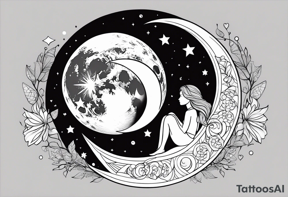 Says I love you to the moon and back mum, with detailed picture of a mother and daughter on a moon hugging tattoo idea