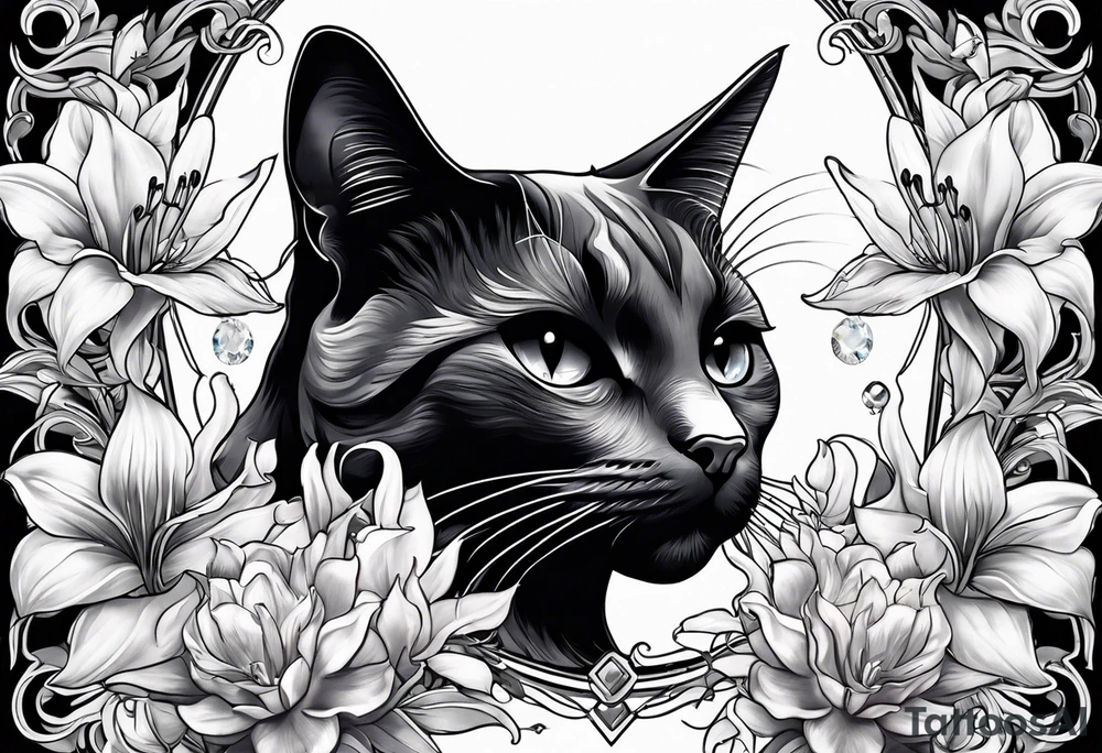 Blavk cat with lilies crystals and diamonds tattoo idea