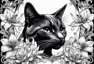 Blavk cat with lilies crystals and diamonds tattoo idea