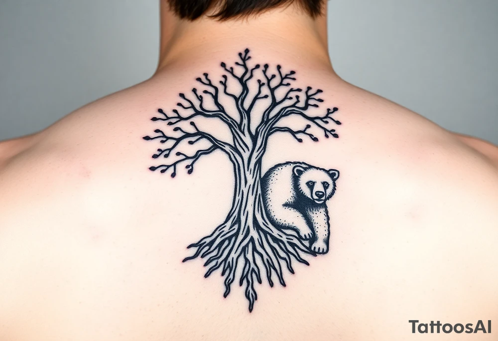 Tree of life with root detail and a mother bear with her cub tattoo idea