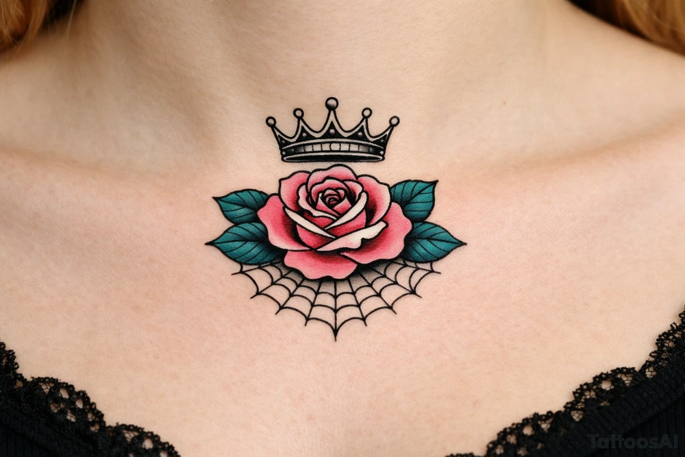Pink and petrol rose , petrol leaves no stem, minimalist crown above it, crown is black and white and has no gems, spider web beneath tattoo idea