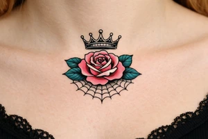 Pink and petrol rose , petrol leaves no stem, minimalist crown above it, crown is black and white and has no gems, spider web beneath tattoo idea