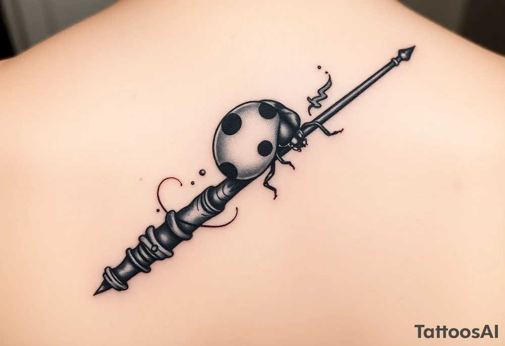 A ladybug getting out of hermione's magic wand like it was a spell. Magic dust all around the wand that looks almost smoky. I also want some small details around it that would make a piggyback on harry potter's movie like harry's glasses, a lightning, the golden snitch, etc... tattoo idea
