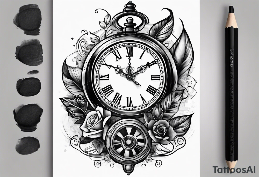 Draw me a tattoo located on the shoulder and upper arm of a man. The tattoo represents a clock in an hourglass with Roman numerals in the background. It is a symbol of the passing of time. tattoo idea