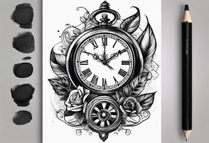 Draw me a tattoo located on the shoulder and upper arm of a man. The tattoo represents a clock in an hourglass with Roman numerals in the background. It is a symbol of the passing of time. tattoo idea