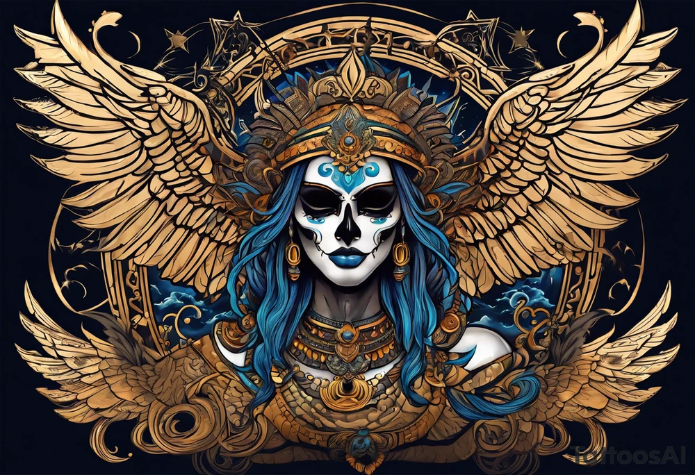 black kali, goddess pirate, alien, angel, pachamama, valkrye, warrior, flying, skull, lotus azul, wing, eagle, zenza resonance, stars, 5D, anahata chakra, death, durga, riding on a tiger, flying lady tattoo idea