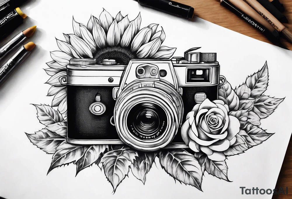 sunflower, camera, flower rose , book tattoo idea