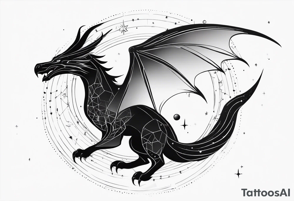 Elegant wyvern with fine lines on the background of the constellation elegant tattoo idea