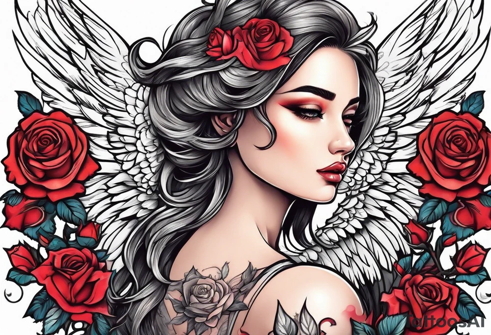 Beautiful woman angle with wings standing surrounded by roses tattoo idea