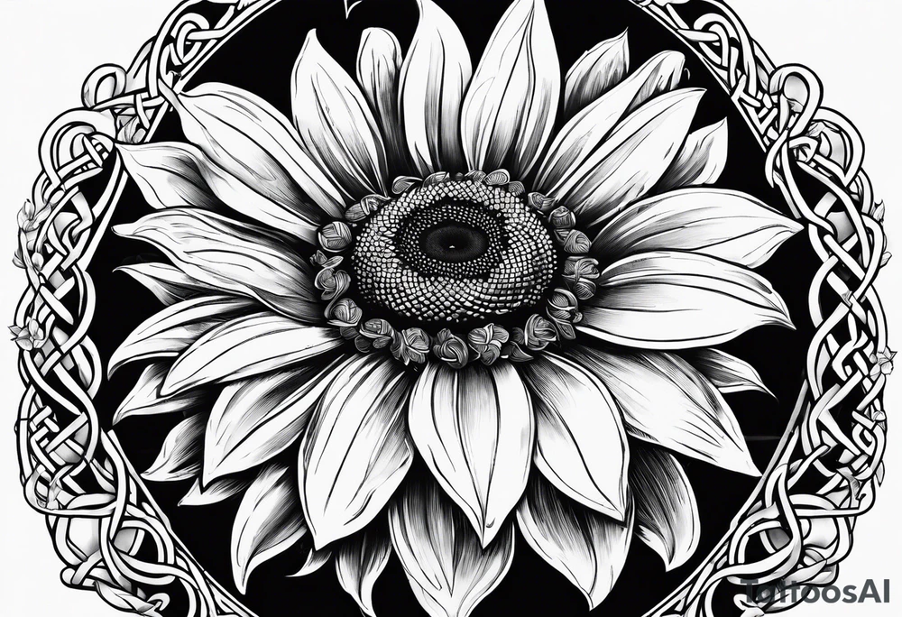book with daisy bouquet and a sunflower and a celtic dara knot tattoo idea