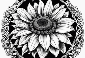 book with daisy bouquet and a sunflower and a celtic dara knot tattoo idea