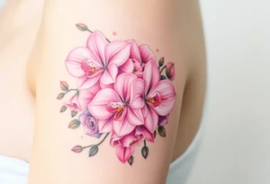 A bouquet of orchids intertwined with roses and lilies, bursting with soft pink and lavender hues tattoo idea