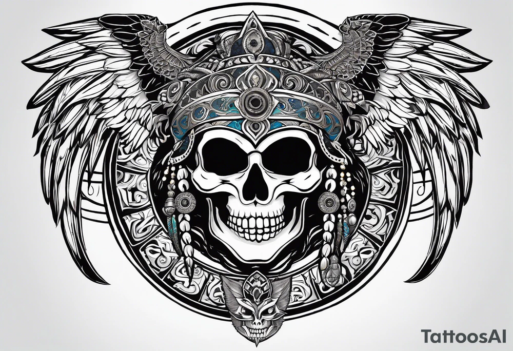 black kali, goddess pirate, alien, angel, pachamama, valkrye, warrior, flying, skull, lotus azul, wing, eagle, zenza resonance, stars, 5D, anahata chakra, death, durga tattoo idea